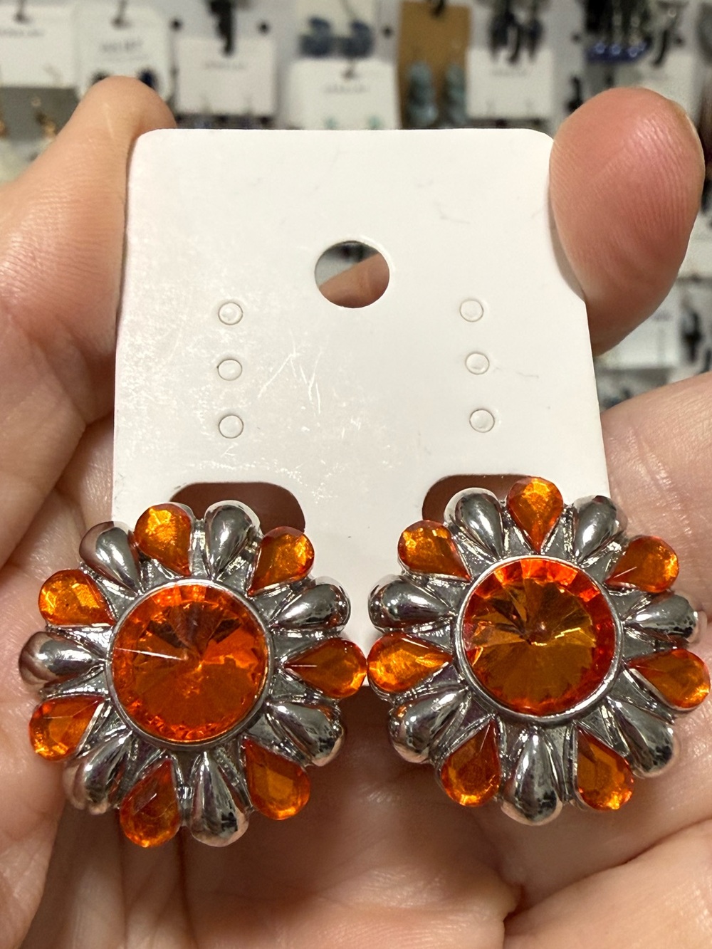 Women’s Orange Crystal Floral Clip-On Earrings interchangeable